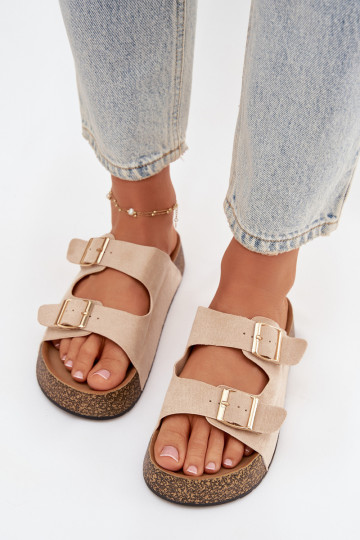 zapatillas de mujer con una plataforma Ze color doradomi con hebillasmi color marfil Tovessa