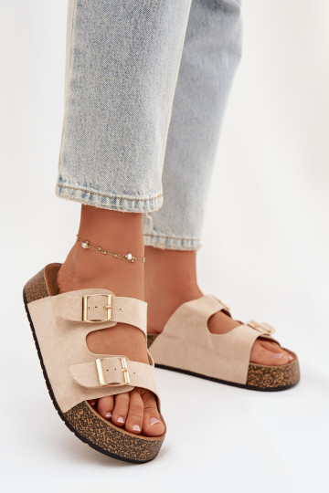 Zapatillas de mujer "Tovessa" color marfil con plataforma y hebillas doradas 2
