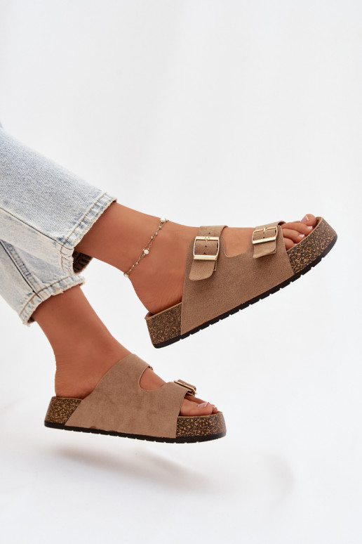 zapatillas de mujer con una plataforma Ze color doradomi con hebillasmi beige Tovessa