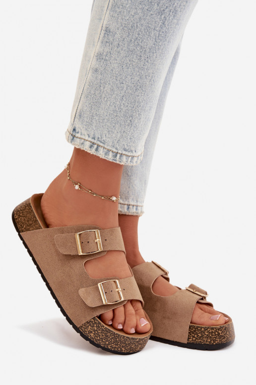 zapatillas de mujer con una plataforma Ze color doradomi con hebillasmi beige Tovessa