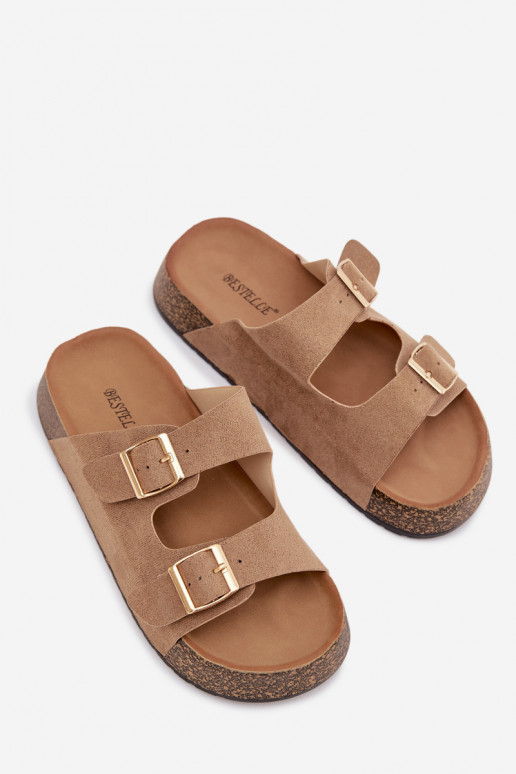 zapatillas de mujer con una plataforma Ze color doradomi con hebillasmi beige Tovessa