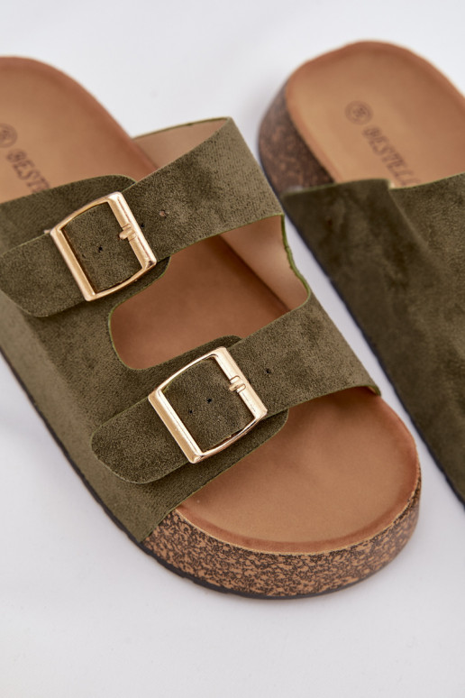 zapatillas de mujer con una plataforma Ze color doradomi con hebillasmi color verde Tovessa