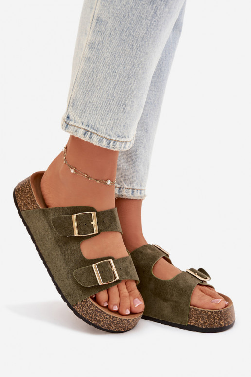 zapatillas de mujer con una plataforma Ze color doradomi con hebillasmi color verde Tovessa