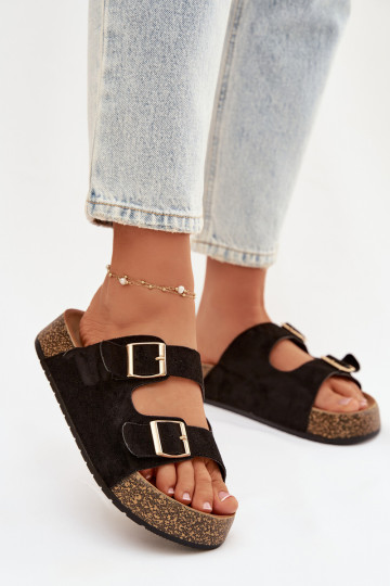 Zapatillas de mujer "Tovessa" en color negro con plataforma y hebillas doradas