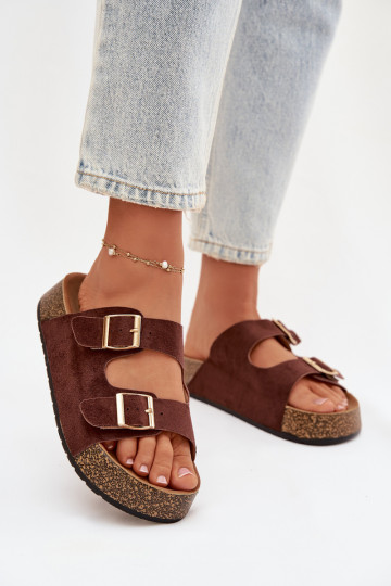 Zapatillas de mujer "Tovessa" en color marrón con plataforma y hebillas doradas 2
