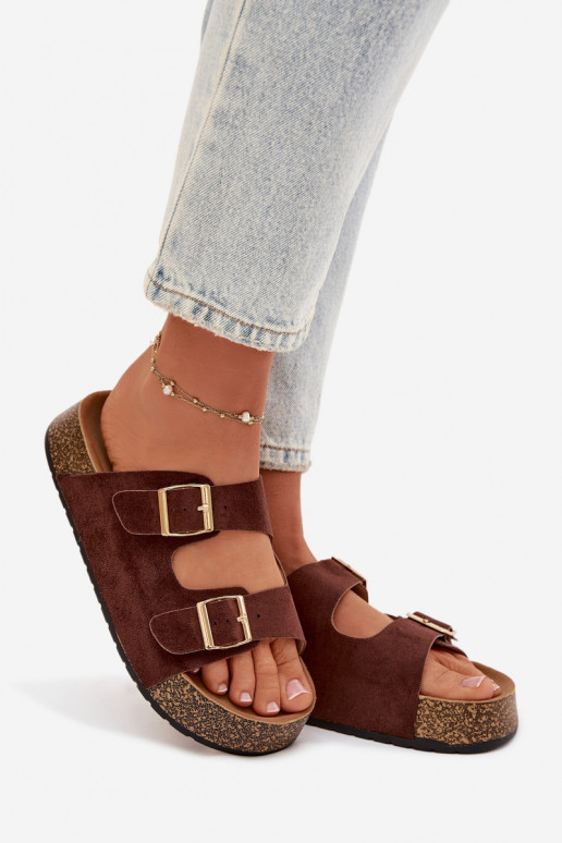 zapatillas de mujer con una plataforma Ze color doradomi con hebillasmi color marrón Tovessa