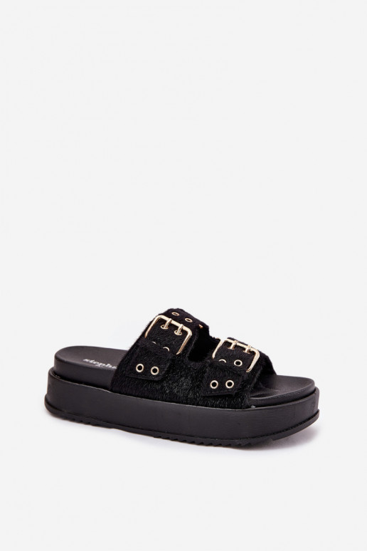 zapatillas de mujer Ze color doradomi con hebillasmi con una plataforma de color negro Virvania