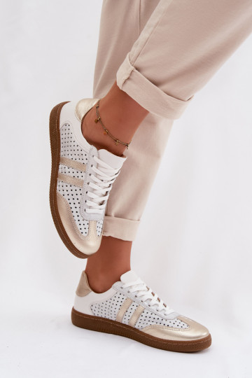 Zapatillas deportivas de piel sintética con elementos calados para mujeres Zazoo N1318 color gris-dorado