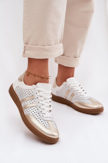 Zapatillas deportivas de piel sintética con elementos calados para mujeres Zazoo N1318 color gris-dorado 2