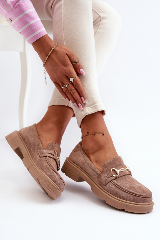 mocasines de mujer con detalles dorados de gamuza ecológicaoAe color marrón Lighas