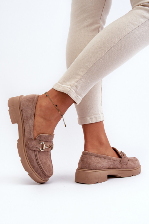 mocasines de mujer con detalles dorados de gamuza ecológicaoAe color marrón Lighas