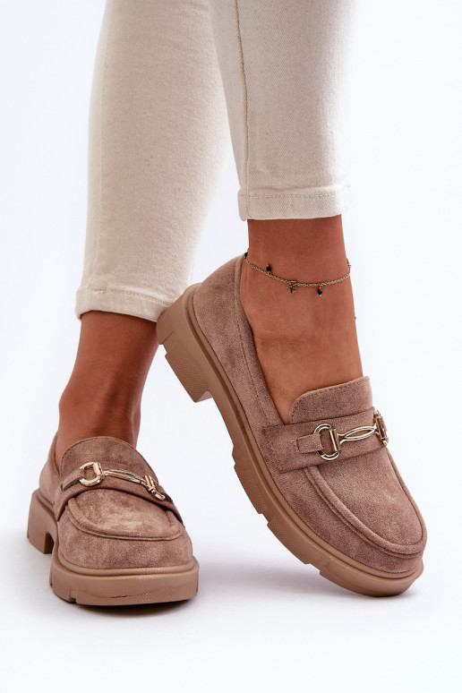 mocasines de mujer con detalles dorados de gamuza ecológicaoAe color marrón Lighas