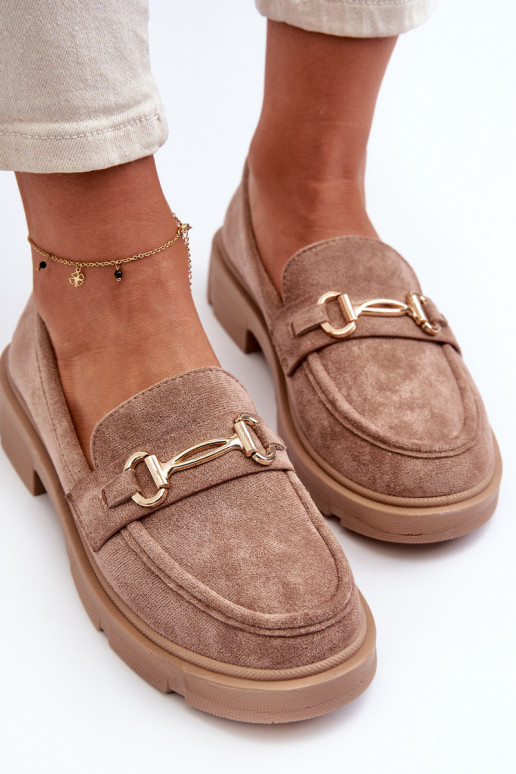 mocasines de mujer con detalles dorados de gamuza ecológicaoAe color marrón Lighas
