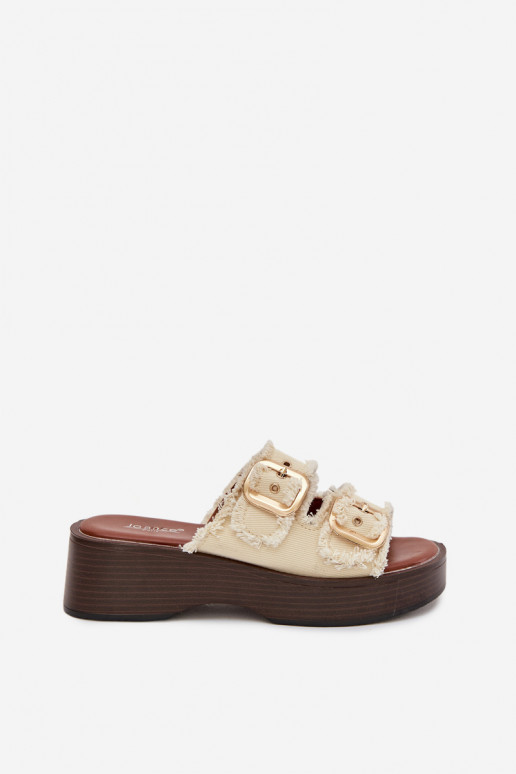 Chanclas de mujer con plataforma color oro y hebillas color marfil