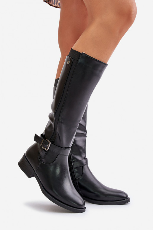 Femenino calentamiento botas con tacones anchos con hebillas doradas de color negro Arsisna