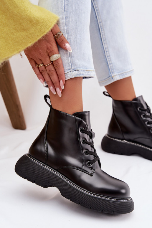 calentamiento Botas de mujer con una plataforma con cordones de color negro Harmine