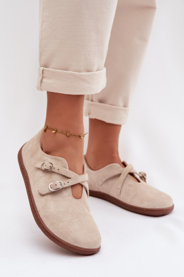 Zapatos "Barefoot" de ante de cuero para mujer con tiras Zazoo N1271, color marfil