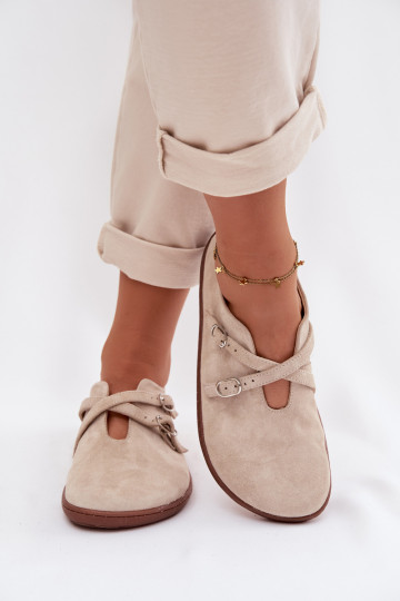 Zapatos "Barefoot" de ante de cuero para mujer con tiras Zazoo N1271, color marfil 2