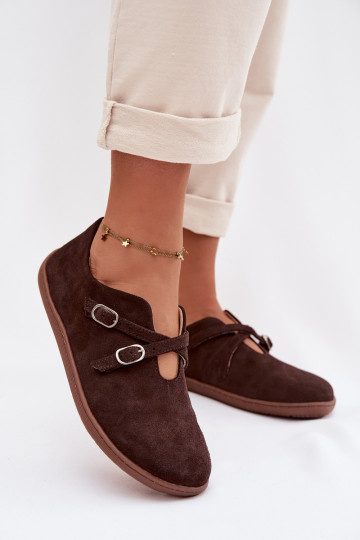 Zapatos "Barefoot" de ante de cuero para mujer con tiras Zazoo N1271, color chocolate 2