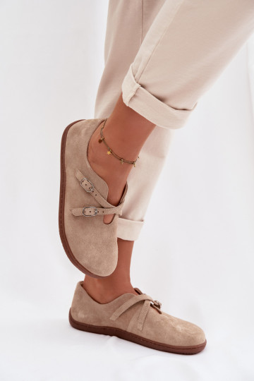 Zapatos "Barefoot" de ante de cuero para mujer con tiras Zazoo N1271, color arena