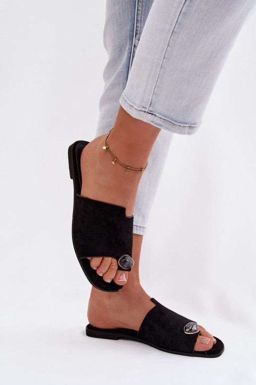 Zapatillas apartamento de mujeres Con decoraciones Detalem de gamuza ecológicaoAe de color negro Selavine