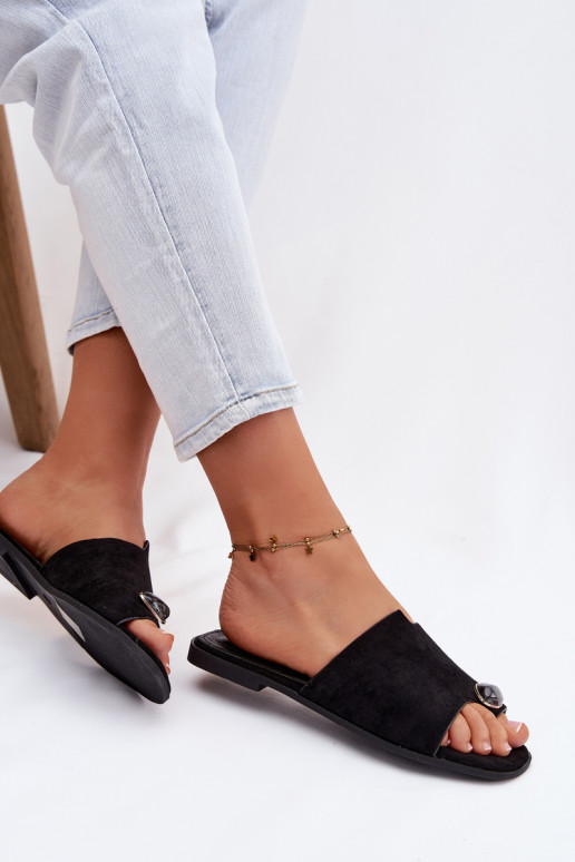 Zapatillas apartamento de mujeres Con decoraciones Detalem de gamuza ecológicaoAe de color negro Selavine