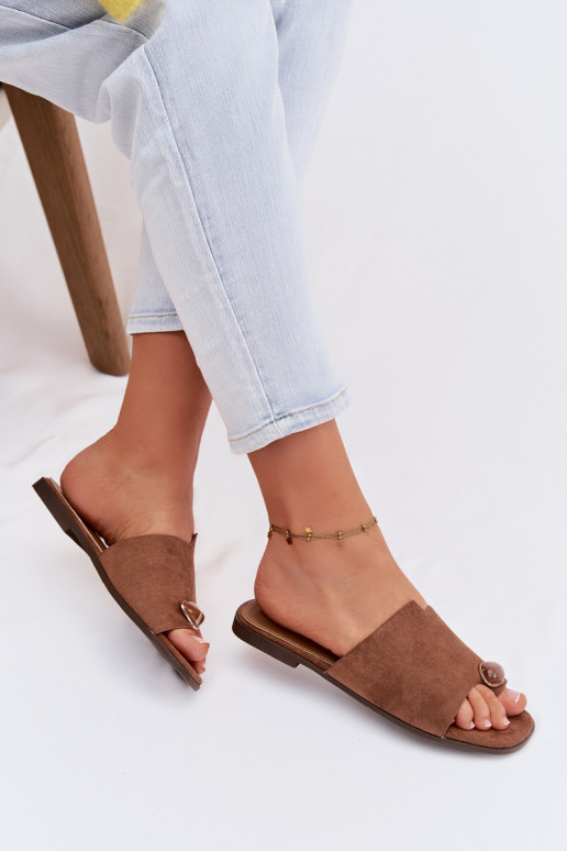 Zapatillas apartamento de mujeres Con decoraciones Detalem de gamuza ecológicaoAe color marrón Selavine