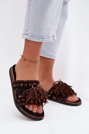 Zapatillas de mujer con flecos, color negro, Glorinna