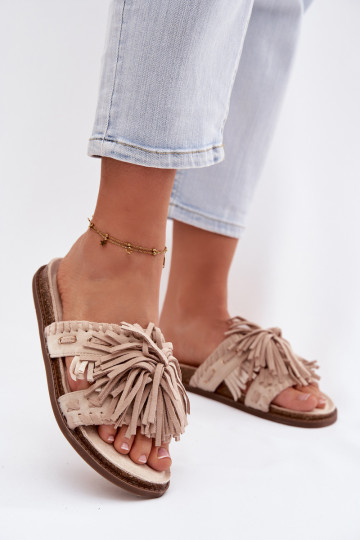 Zapatillas de mujer con flecos, color arena, Glorinna