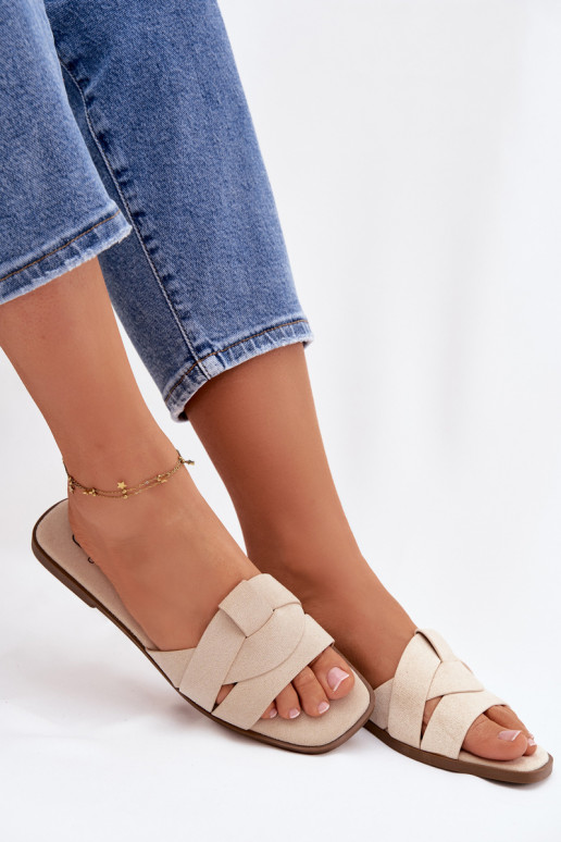 Zapatillas apartamento de mujeres con rayas de gamuza ecológicaoAe color marfil Florane