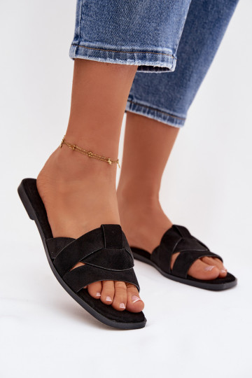 Zapatillas apartamento de mujeres con rayas de gamuza ecológicaoAe de color negro Florane