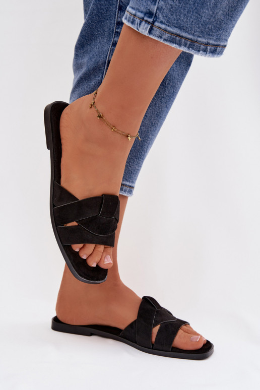 Zapatillas apartamento de mujeres con rayas de gamuza ecológicaoAe de color negro Florane