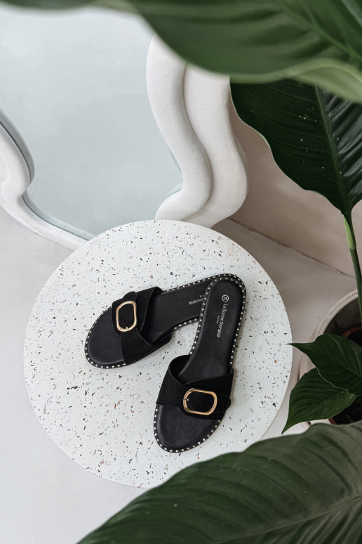 zapatillas de mujer con tacones anchos con hebillas doradas de color negro Selivelle