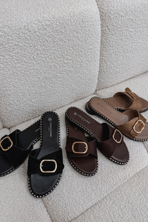 zapatillas de mujer con tacones anchos con hebillas doradas de color negro Selivelle