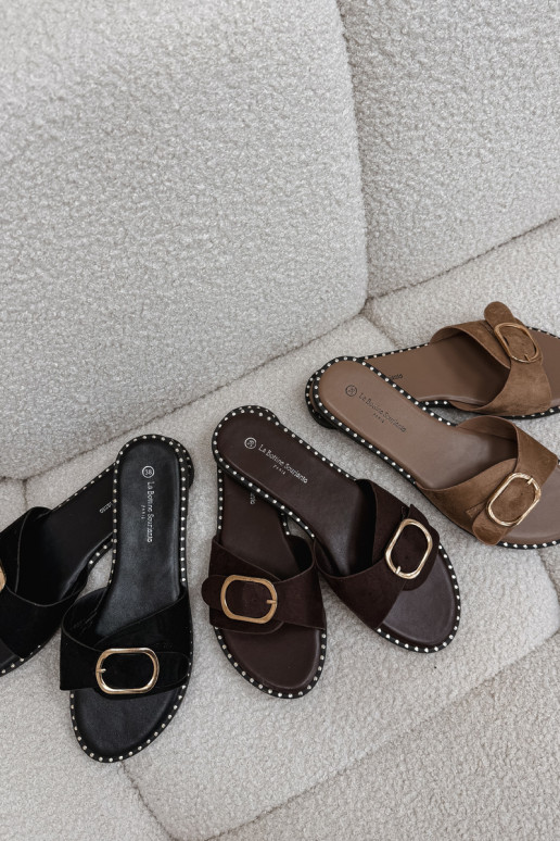 zapatillas de mujer con tacones anchos con hebillas doradas de color negro Selivelle