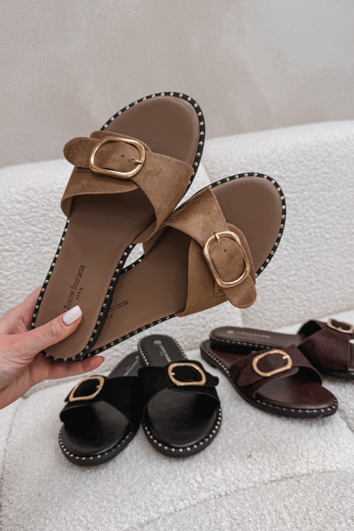 zapatillas de mujer con tacones anchos con hebillas doradas color marrón Selivelle