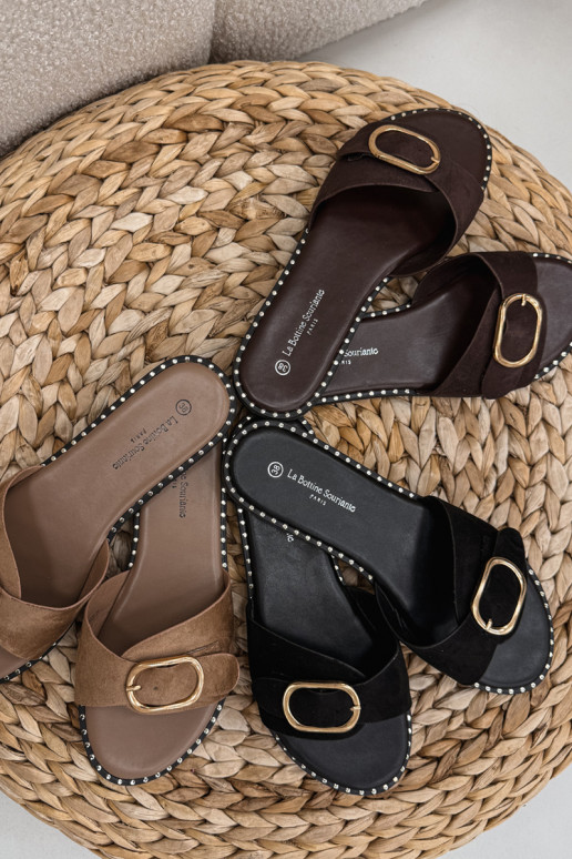 zapatillas de mujer con tacones anchos con hebillas doradas CzekoladoAe Selivelle