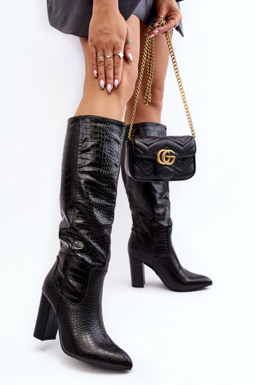 botas de mujer con tacones calentamiento patrones de serpientes de color negro Delul