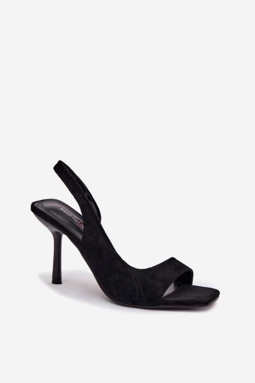 Sandalias de mujer con tacones finosde gamuza ecológicau de color negro Calvoria