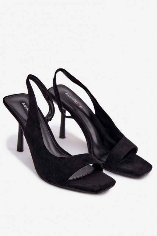 Sandalias de mujer con tacones finosde gamuza ecológicau de color negro Calvoria