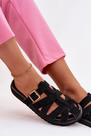 Zapatillas de mujer con tiras y hebillas doradas color negro Roselisse 2