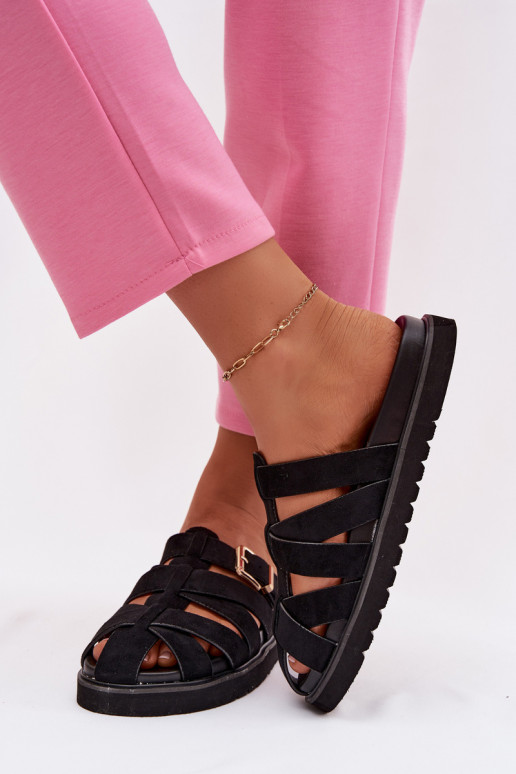 Zapatillas de mujer con tiras y hebillas doradas color negro Roselisse