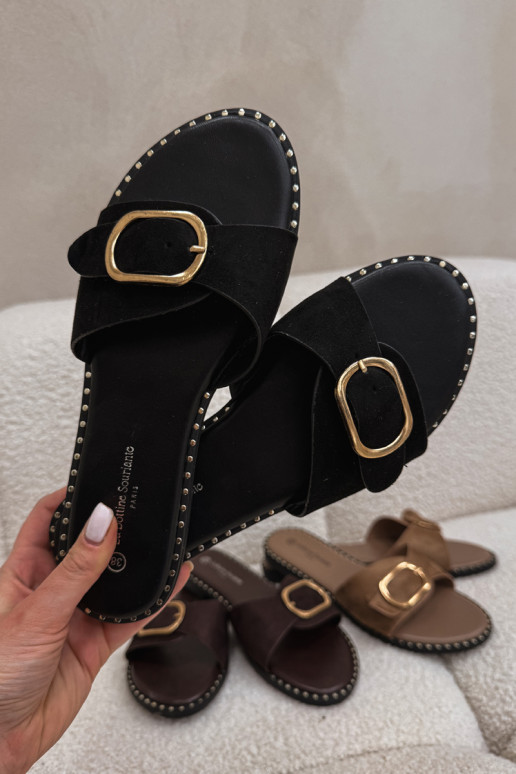 Zapatillas de mujer con tacones anchos y hebillas doradas color negro Selivelle