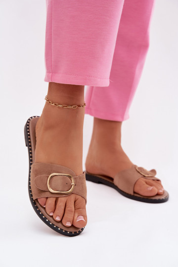 Zapatillas de mujer con tacones anchos y hebillas doradas color marrón Selivelle