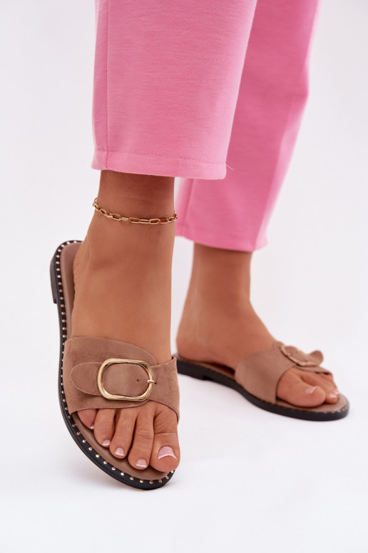 Zapatillas de mujer con tacones anchos y hebillas doradas color marrón Selivelle