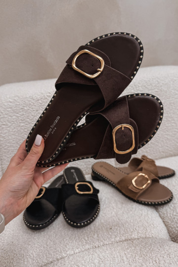 Zapatillas de mujer con tacones anchos y hebillas doradas color chocolate Selivelle 2