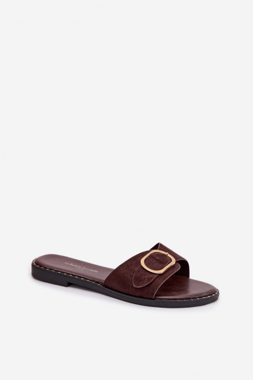 Zapatillas de mujer con tacones anchos y hebillas doradas color chocolate Selivelle