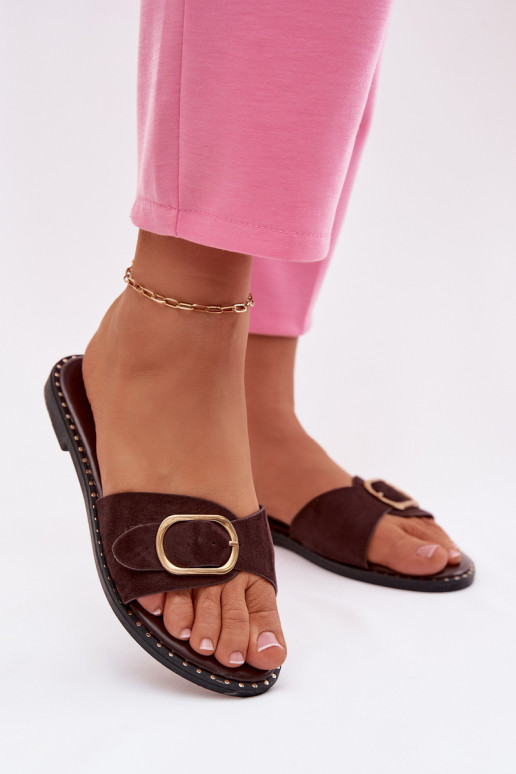 Zapatillas de mujer con tacones anchos y hebillas doradas color chocolate Selivelle