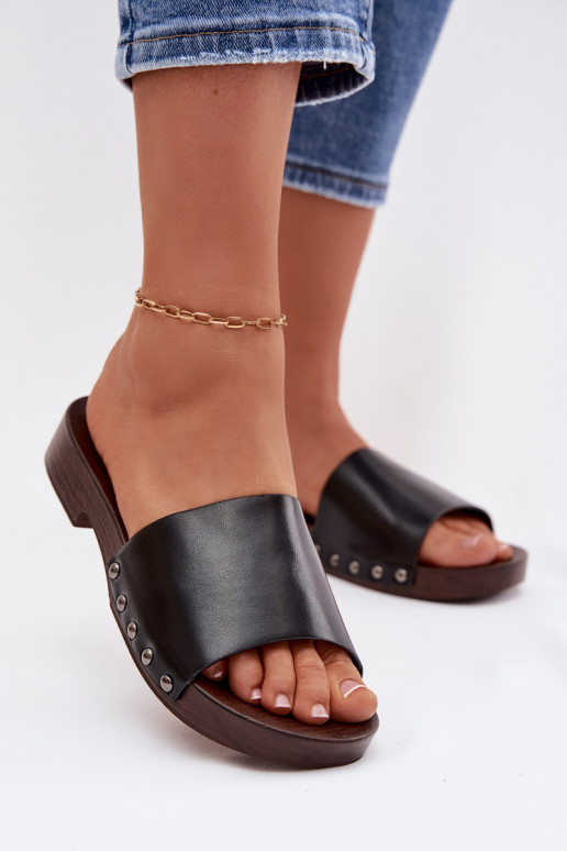 zapatillas de mujer con remaches con tacones anchos de color negro Brinalle