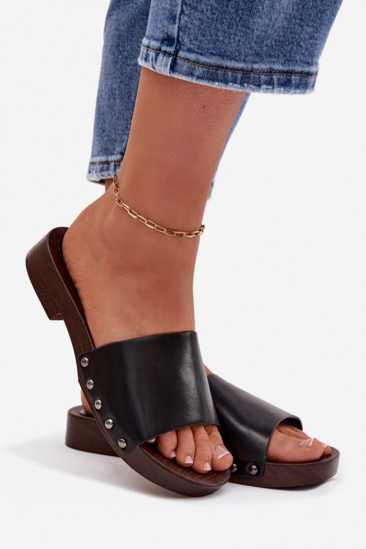 zapatillas de mujer con remaches con tacones anchos de color negro Brinalle